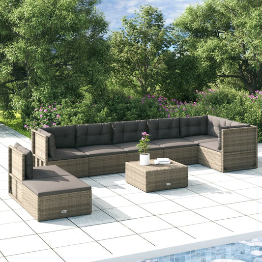 8 Piece Patio Lounge Set with Cushions Gray Poly Rattan