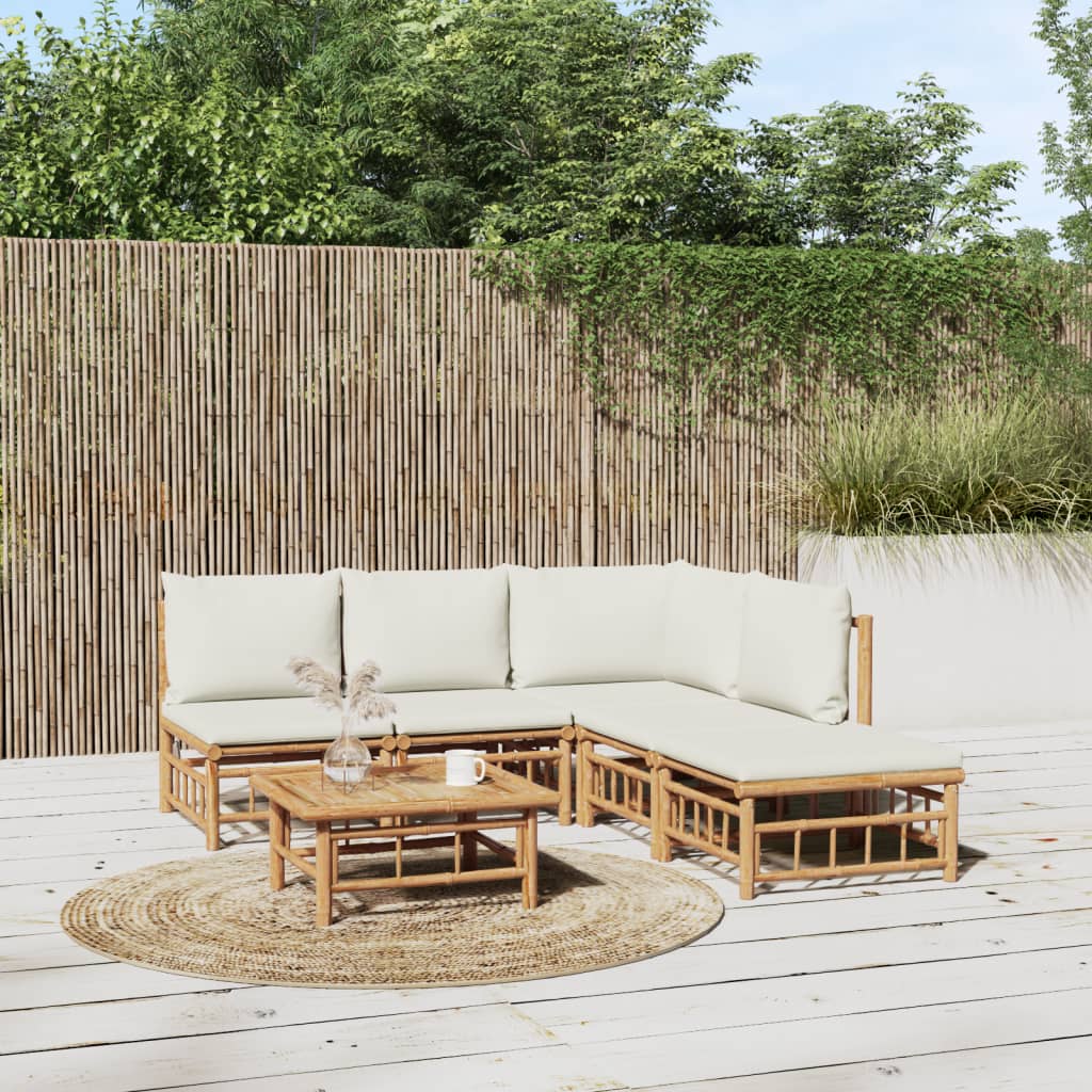 6 Piece Patio Lounge Set with Cream White Cushions Bamboo