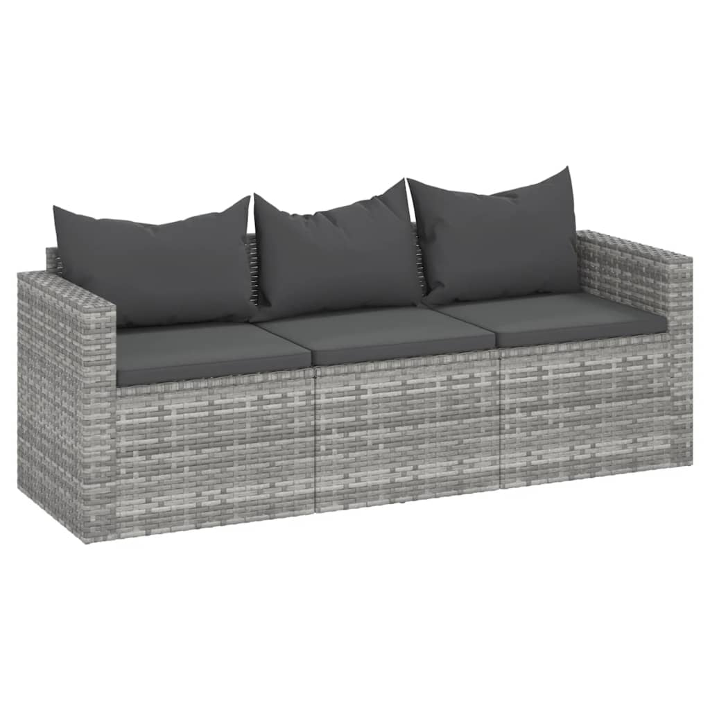 3-Seater Patio Sofa with Cushions Gray Poly Rattan