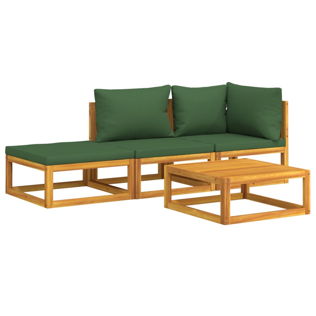 4 Piece Patio Lounge Set with Green Cushions Solid Wood