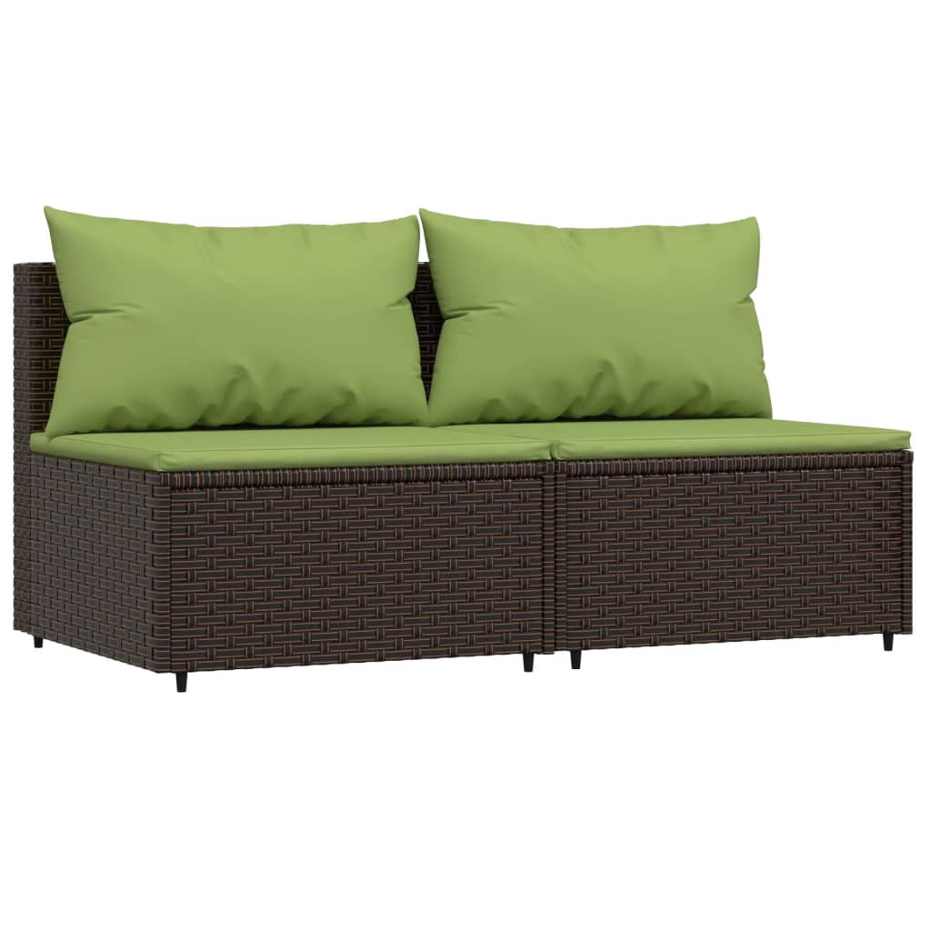 Patio Middle Sofas with Cushions 2 pcs Brown Poly Rattan