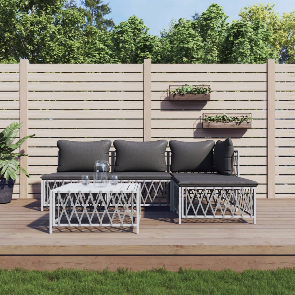 5 Piece Patio Lounge Set with Cushions White Steel