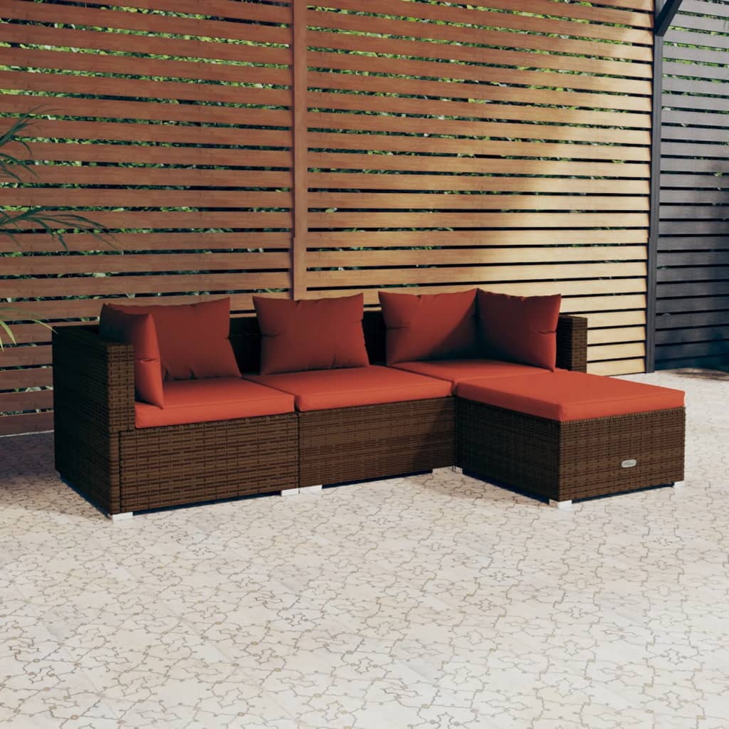 4 Piece Patio Lounge Set with Cushions Poly Rattan Brown