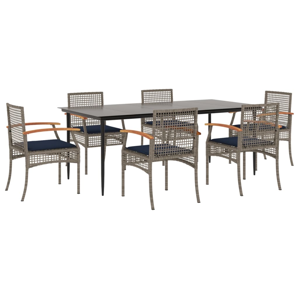 7 Piece Patio Dining Set with Cushions Gray Poly Rattan