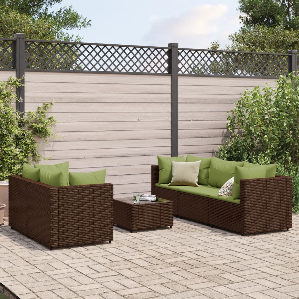 6 Piece Patio Lounge Set with Cushions Brown Poly Rattan