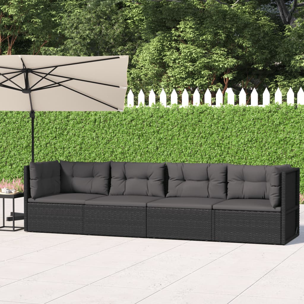 4 Piece Patio Lounge Set with Cushions Black Poly Rattan