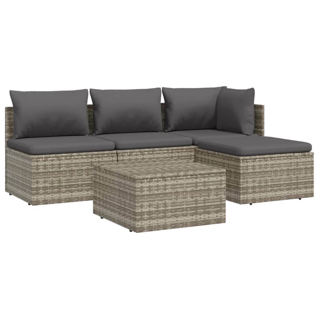 5 Piece Patio Lounge Set with Cushions Gray Poly Rattan