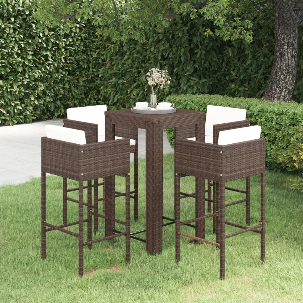 5 Piece Patio Bar Set with Cushions Poly Rattan Brown