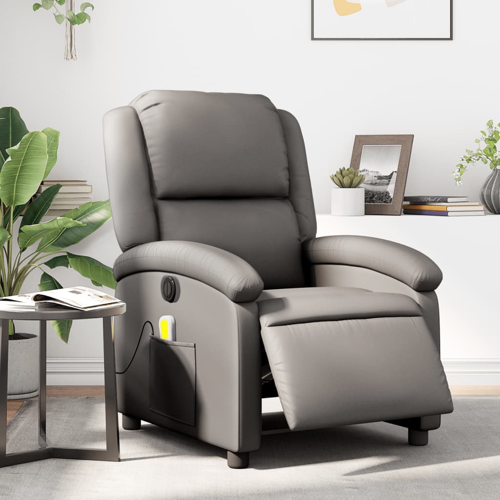 Electric Massage Recliner Chair Gray Real Leather