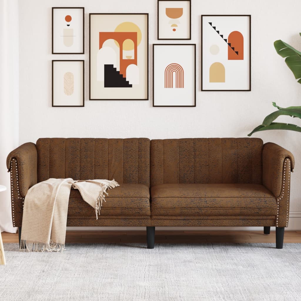 Sofa 3-Seater Brown Faux Suede Leather