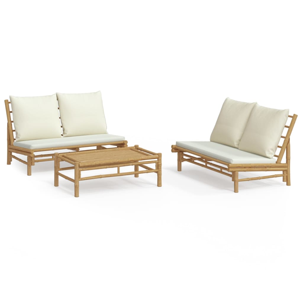 3 Piece Patio Lounge Set with Cream White Cushions Bamboo