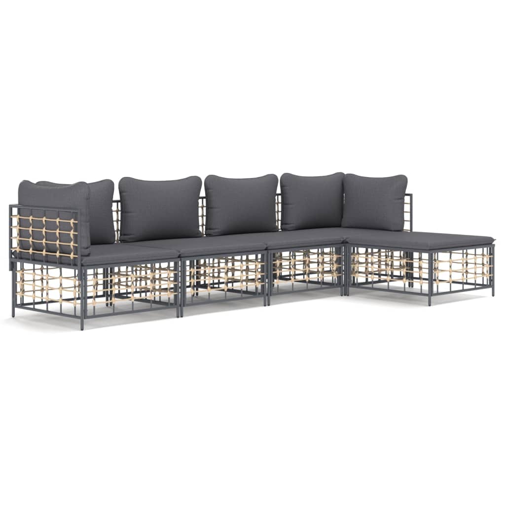 5 Piece Patio Lounge Set with Cushions Anthracite Poly Rattan