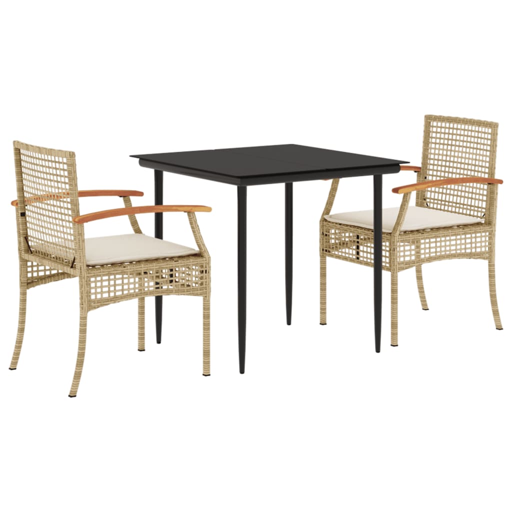 3 Piece Patio Dining Set with Cushions Beige Poly Rattan