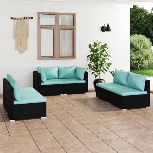 6 Piece Patio Lounge Set with Cushions Poly Rattan Black