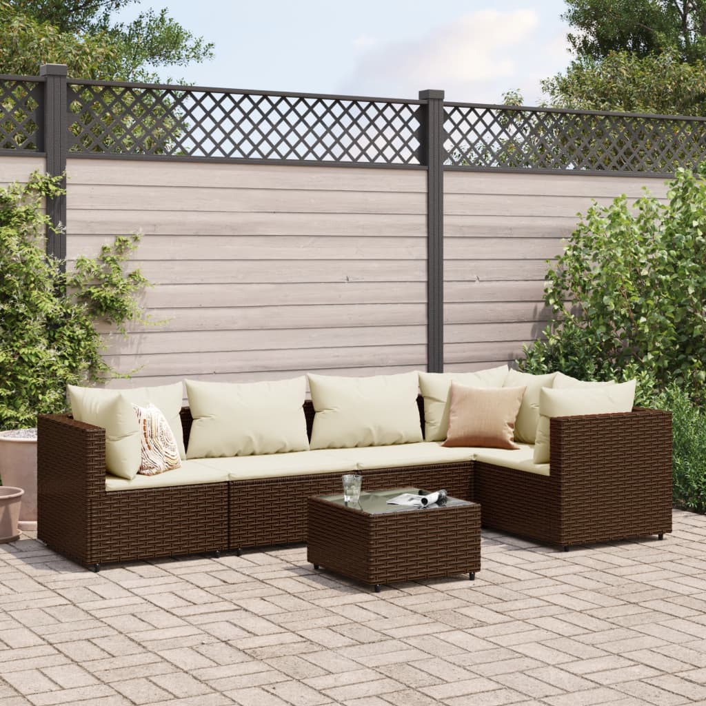 6 Piece Patio Lounge Set with Cushions Brown Poly Rattan