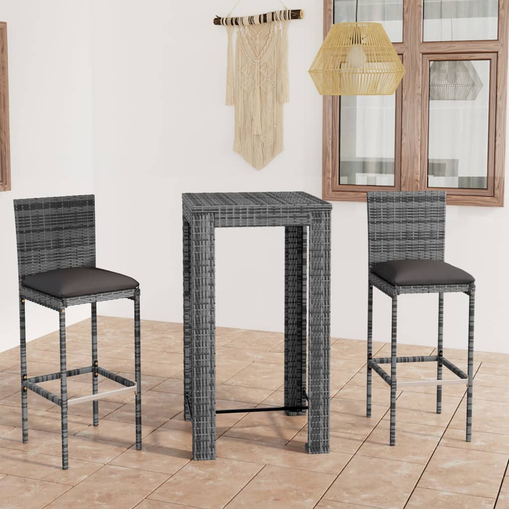 3 Piece Patio Bar Set with Cushions Poly Rattan Gray