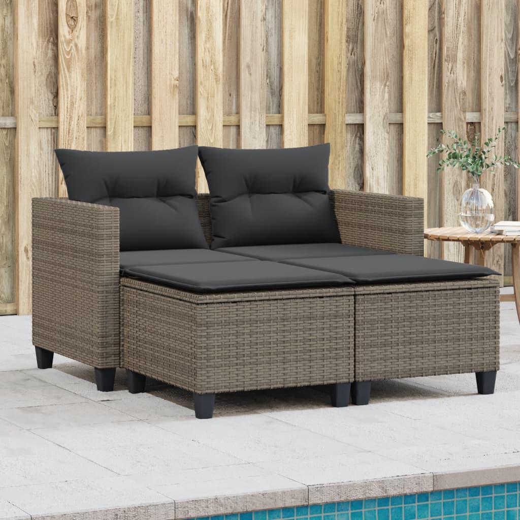 Patio Sofa 2-Seater with Stools Beige Poly Rattan