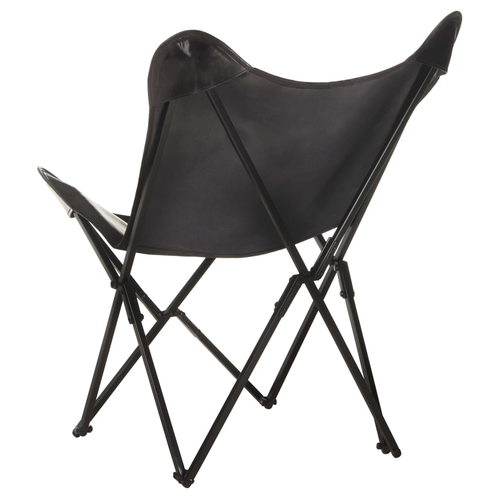 Foldable Butterfly Chair Black Real Leather