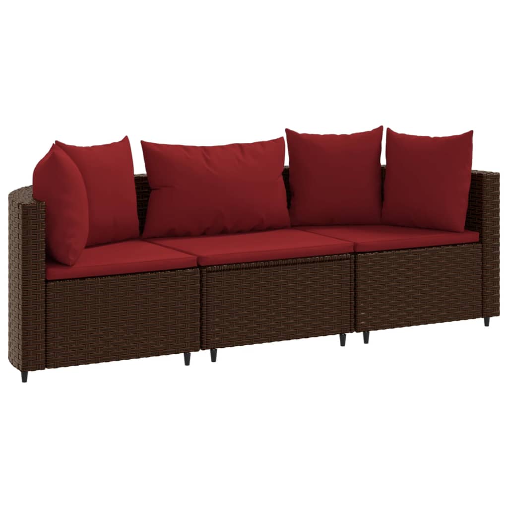 3 Piece Patio Sofa Set with Cushions Brown Poly Rattan