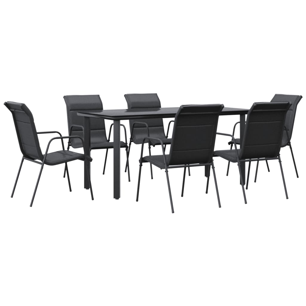 7 Piece Patio Dining Set Black Steel and Textilene