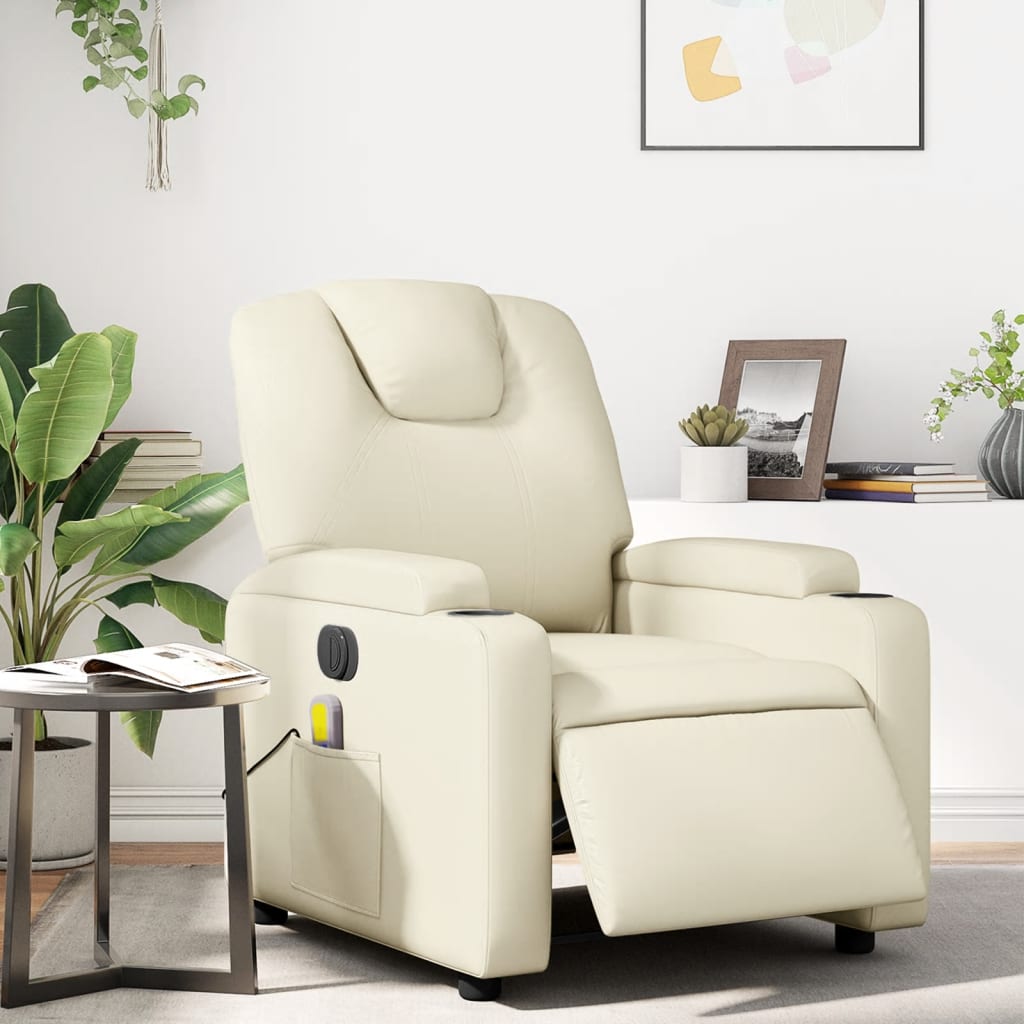 Electric Massage Recliner Chair Cream Faux Leather