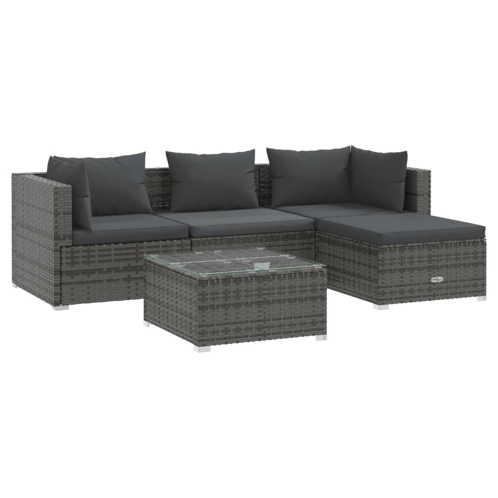 5 Piece Patio Lounge Set with Cushions Poly Rattan Gray