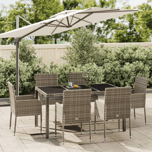 7 Piece Patio Dining Set with Cushions Gray Poly Rattan