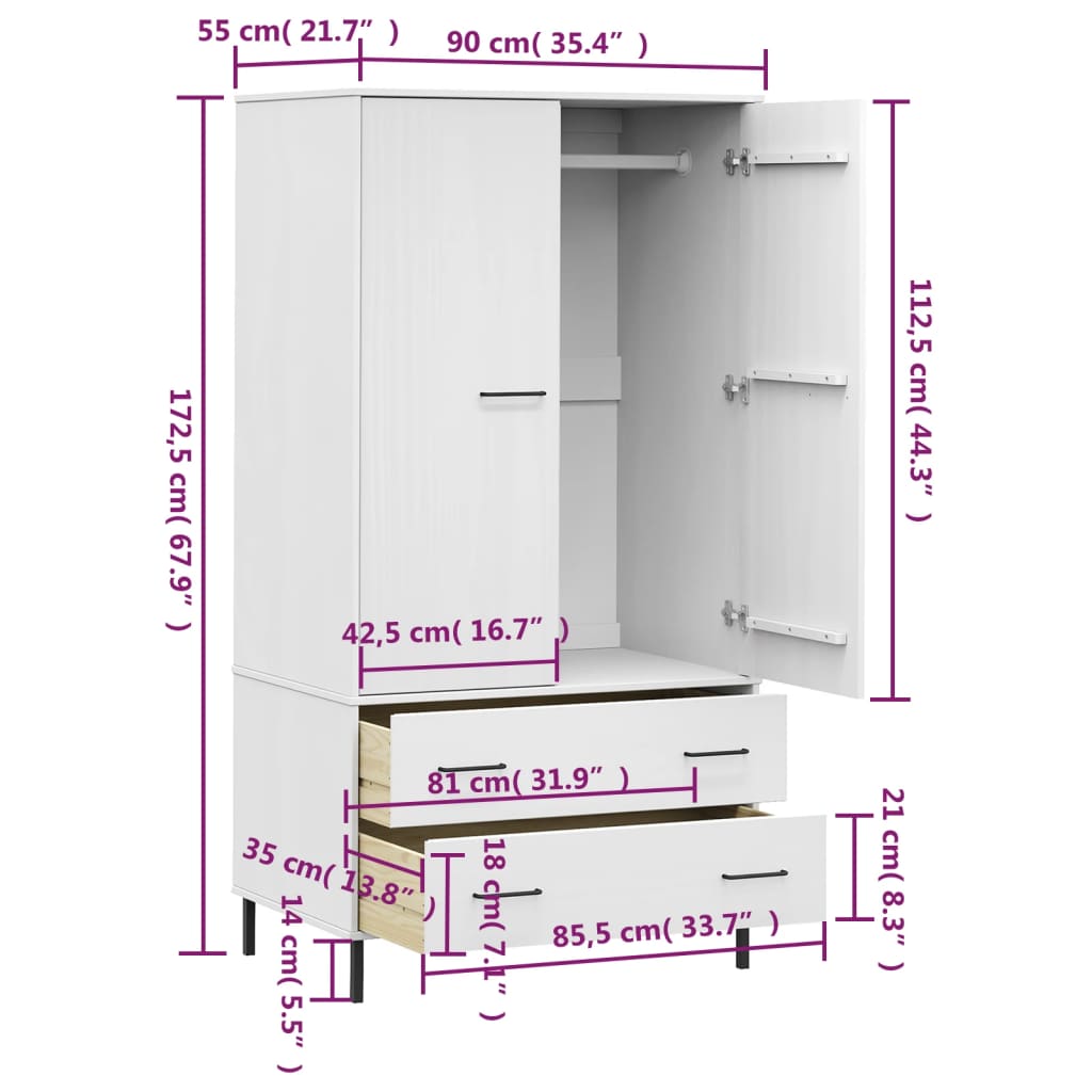 Wardrobe with Metal Legs White 35.4"x21.7"x67.9" Solid Wood OSLO