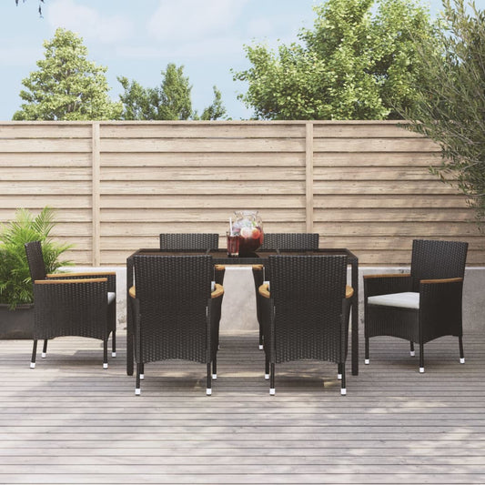 7 Piece Patio Dining Set with Cushions Black Poly Rattan