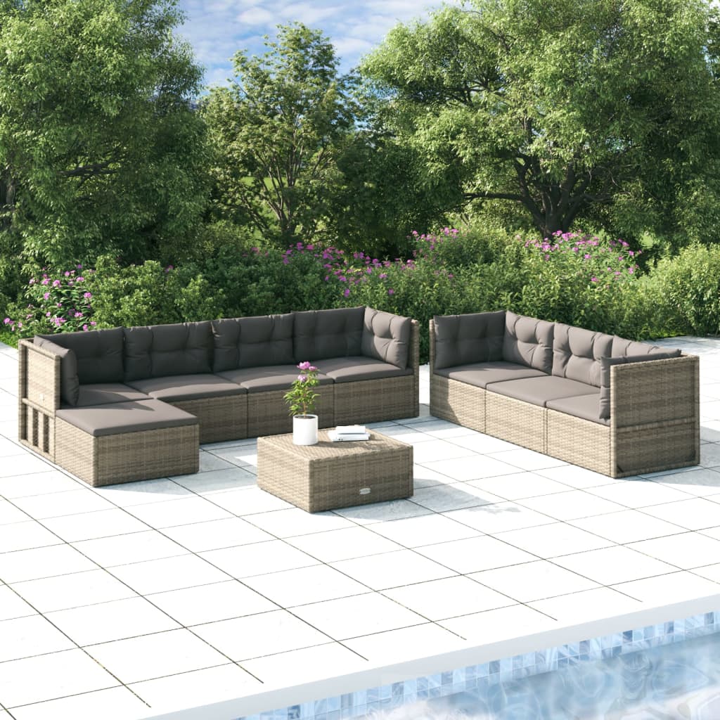 8 Piece Patio Lounge Set with Cushions Gray Poly Rattan