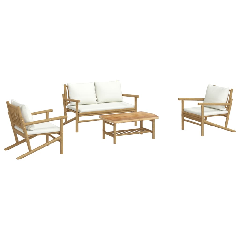 4 Piece Patio Lounge Set with Cream White Cushions Bamboo