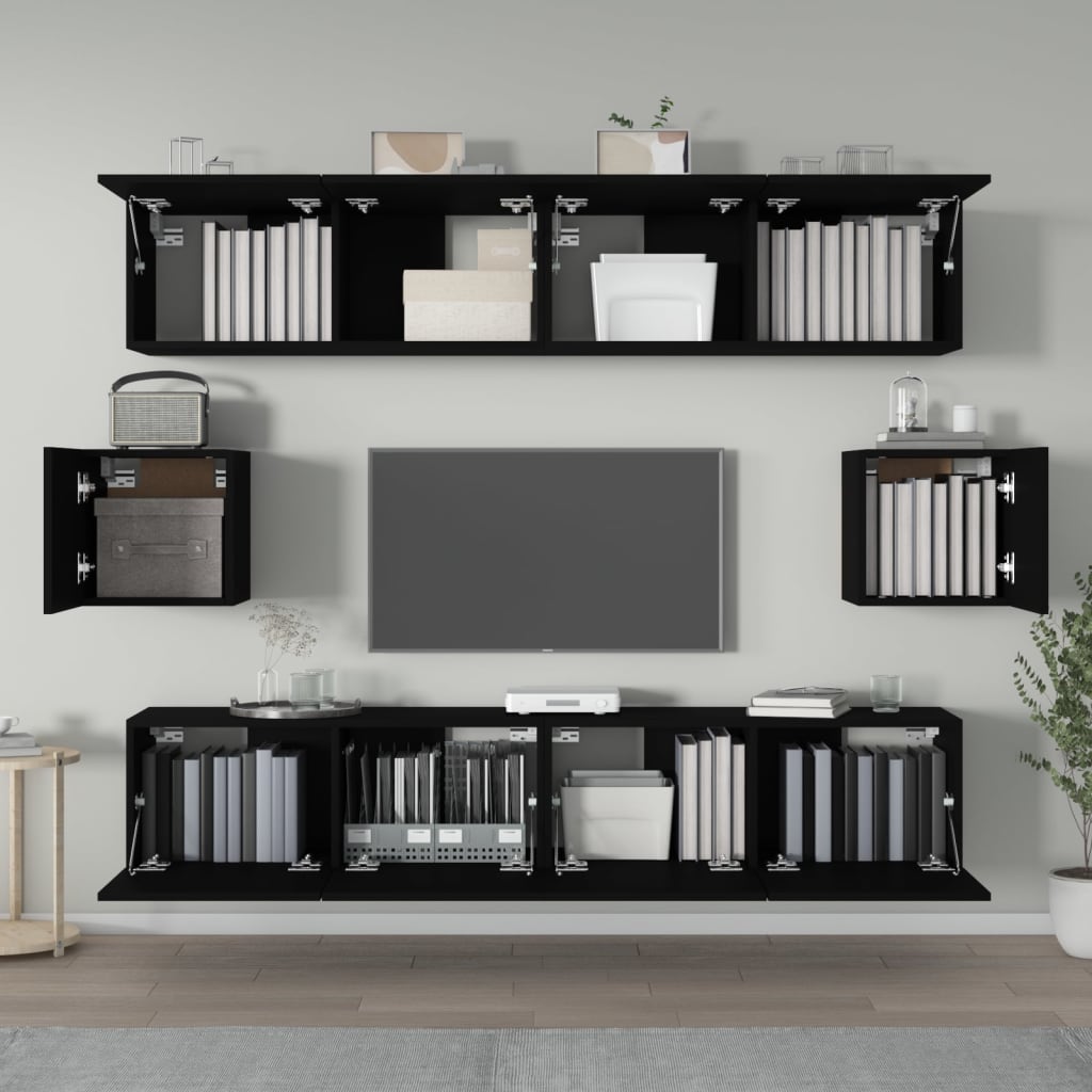 6 Piece TV Stand Set Black Engineered Wood