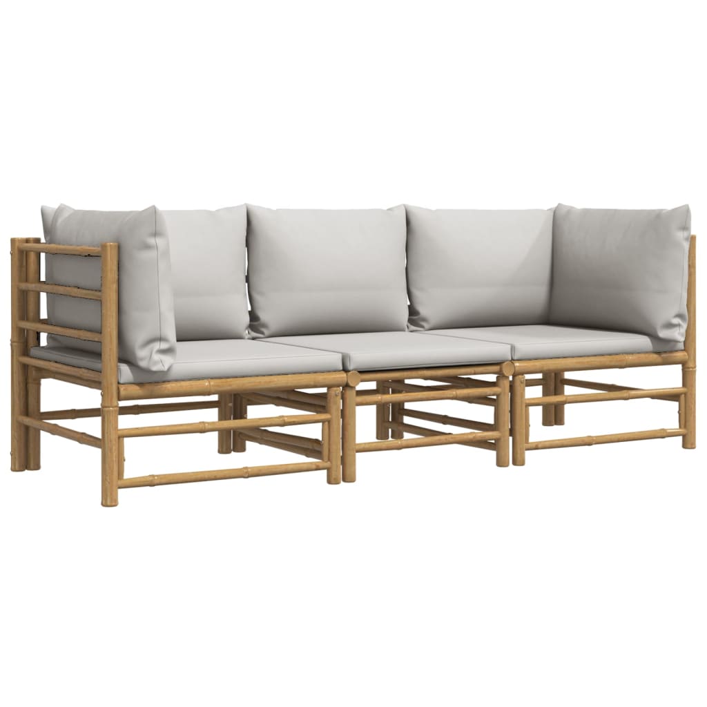 3 Piece Patio Lounge Set with Light Gray Cushions Bamboo