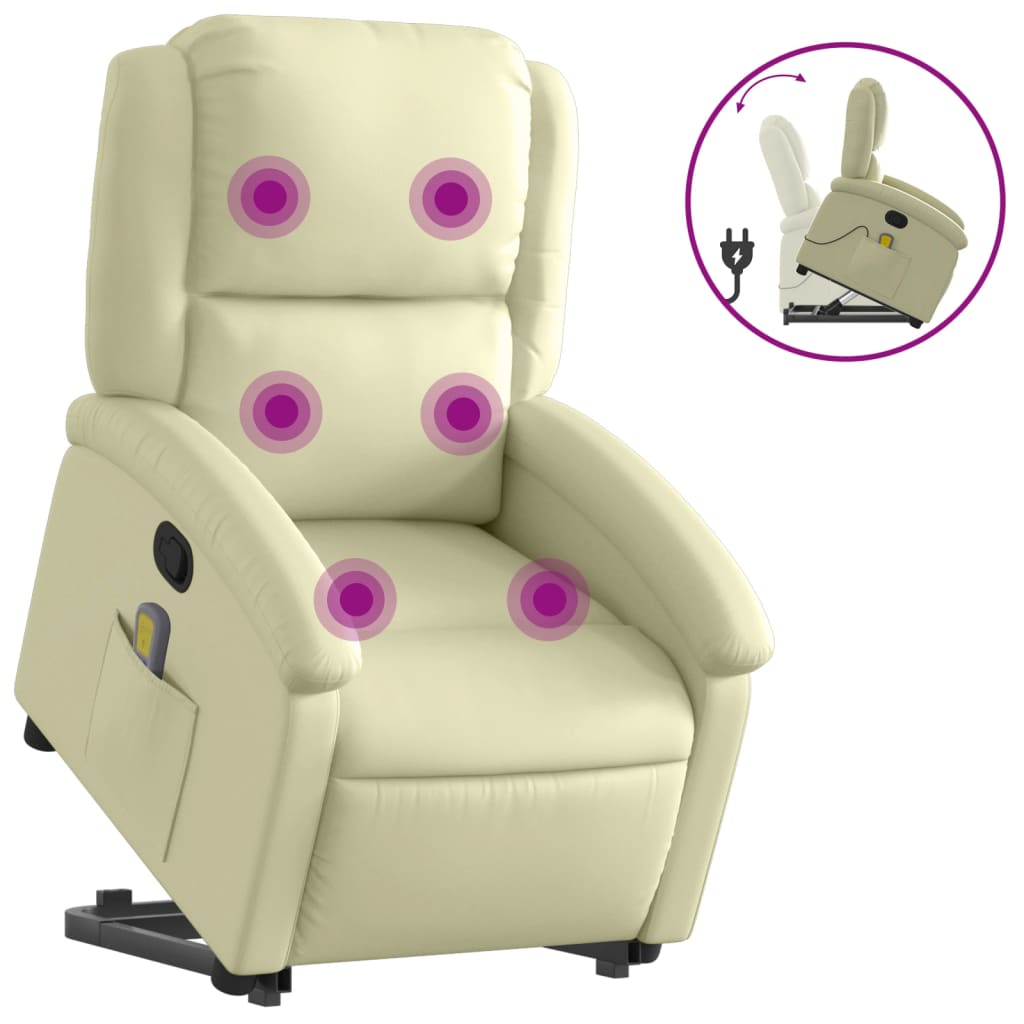 Stand up Massage Recliner Chair Cream Real Leather