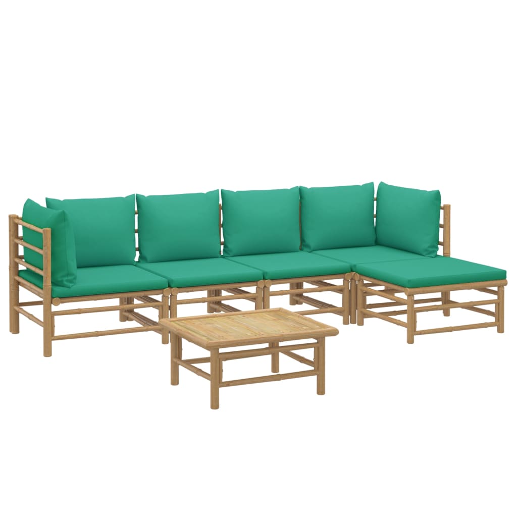 6 Piece Patio Lounge Set with Green Cushions Bamboo