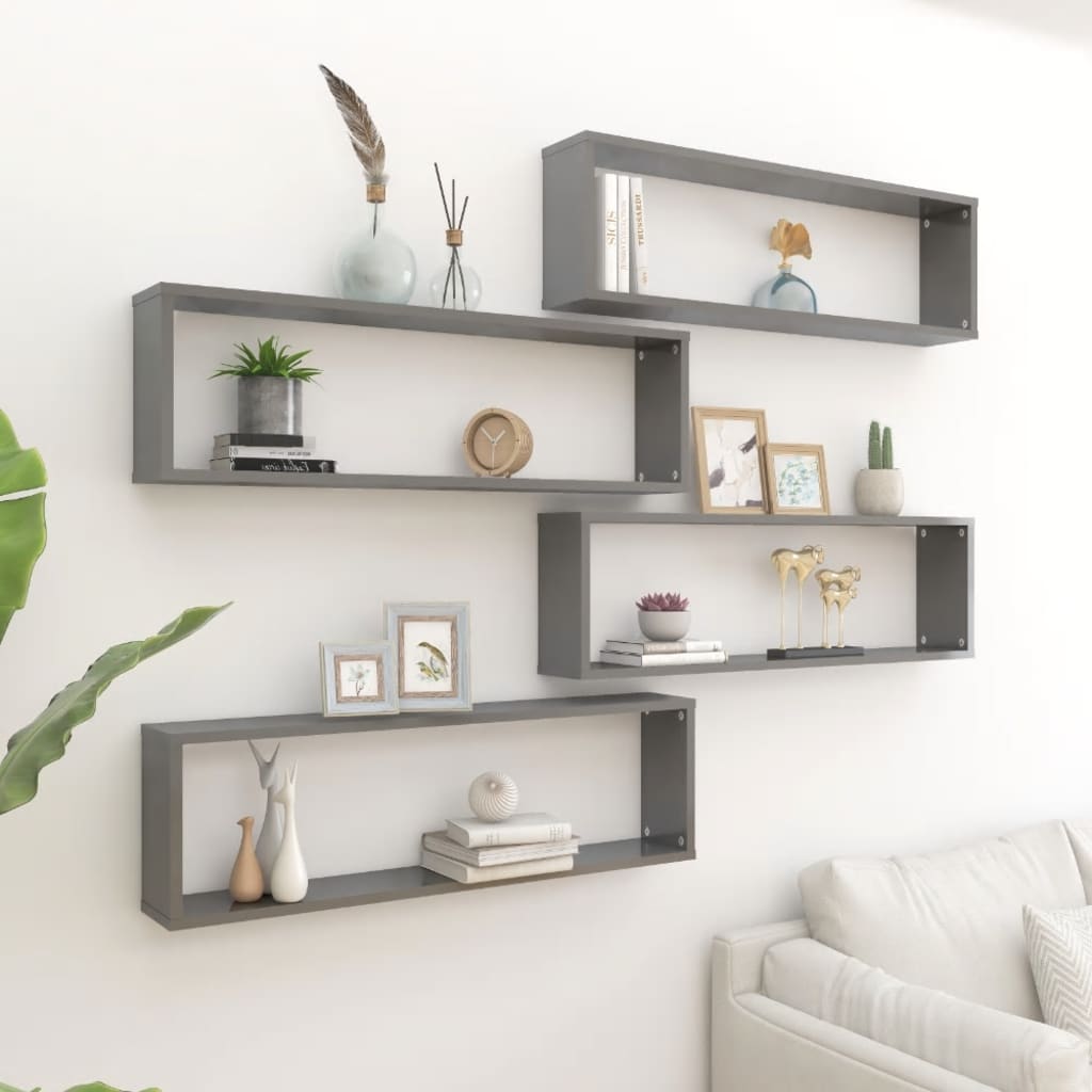 Wall Cube Shelves 4 pcs High Gloss Gray 39.4"x5.9"x11.8" Engineered Wood