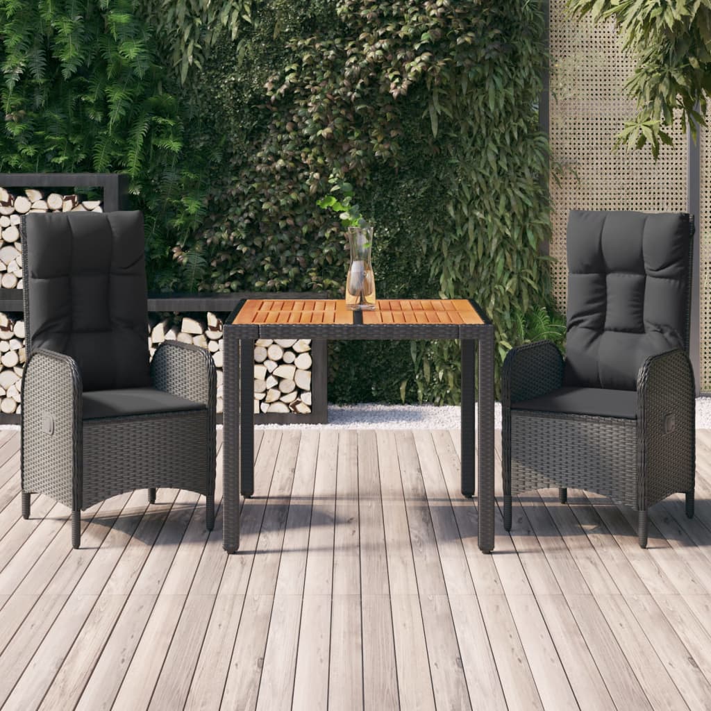 3 Piece Patio Dining Set with Cushions Black Poly Rattan