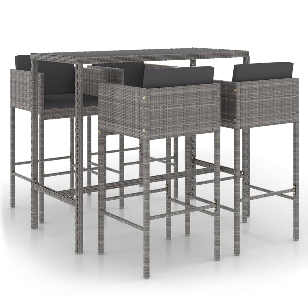 5 Piece Patio Bar Set with Cushions Poly Rattan Gray