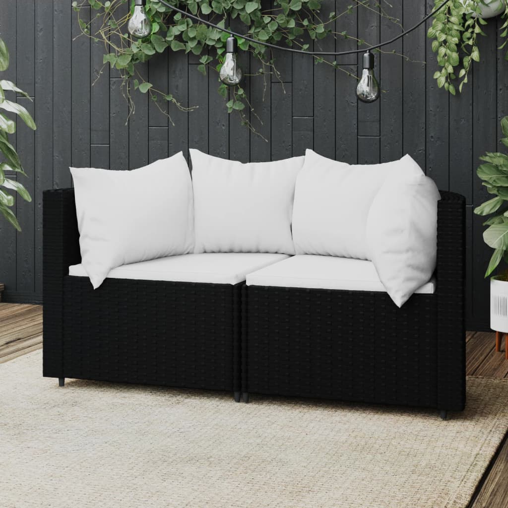 Patio Corner Sofas with Cushions 2 pcs Black Poly Rattan