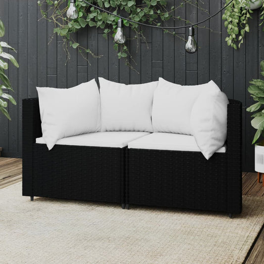 Patio Corner Sofas with Cushions 2 pcs Black Poly Rattan