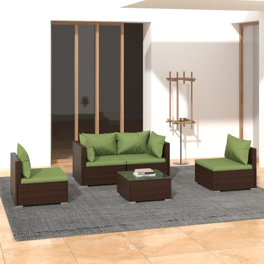 5 Piece Patio Lounge Set with Cushions Poly Rattan Brown