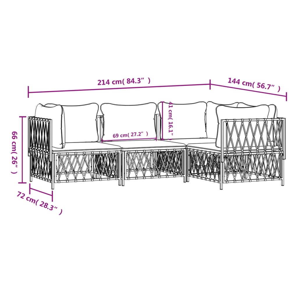 4 Piece Patio Lounge Set with Cushions White Steel