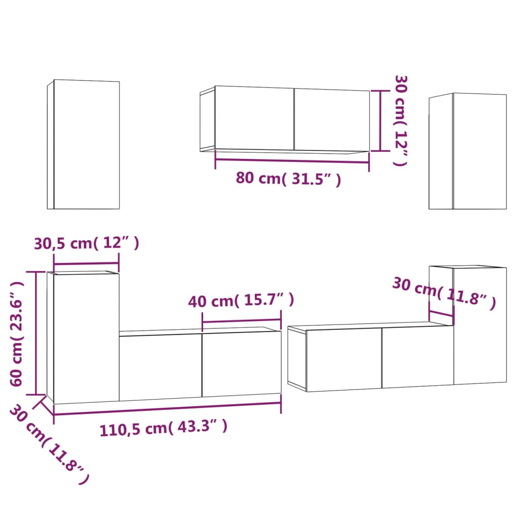 7 Piece TV Stand Set Black Engineered Wood