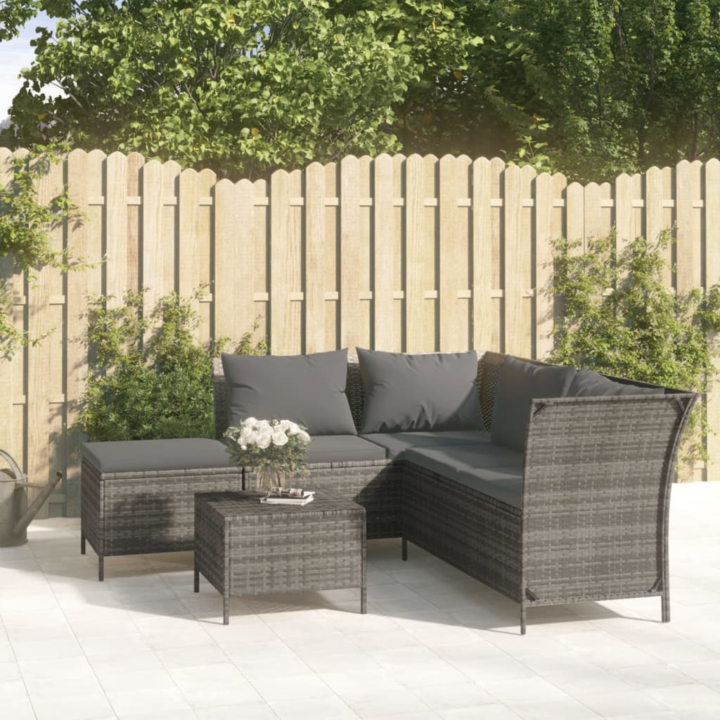 4 Piece Patio Lounge Set with Cushions Gray Poly Rattan