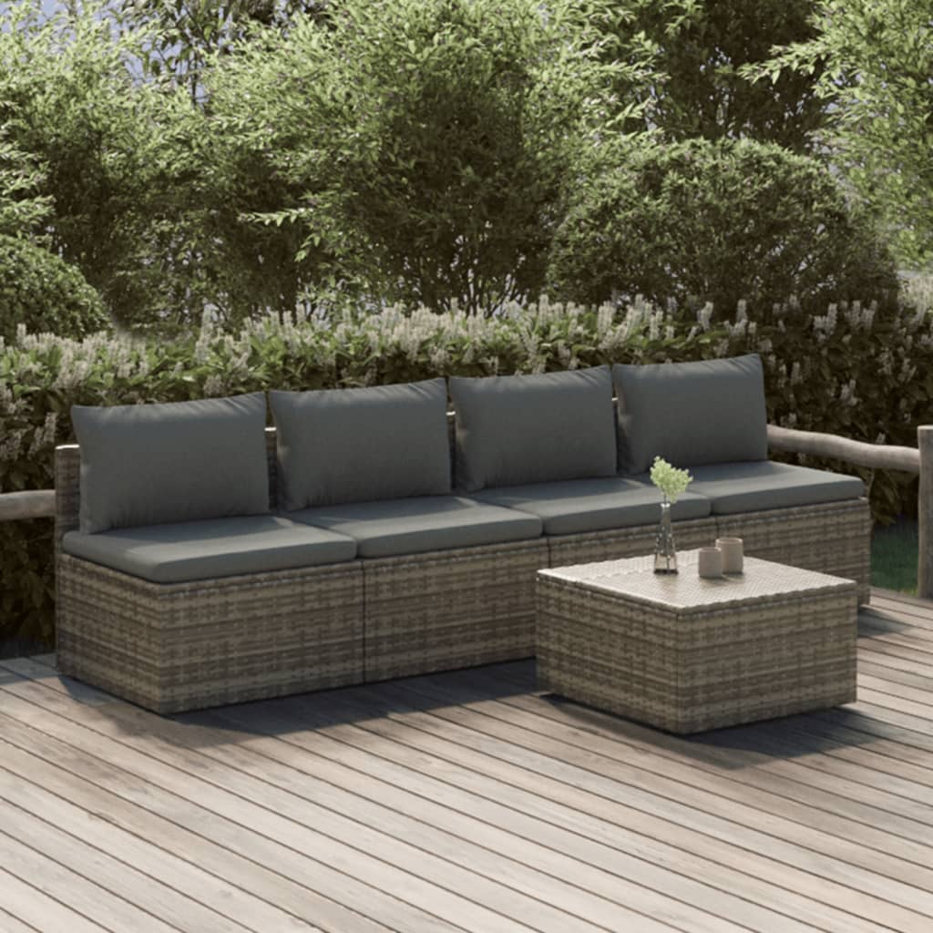 5 Piece Patio Lounge Set with Cushions Gray Poly Rattan