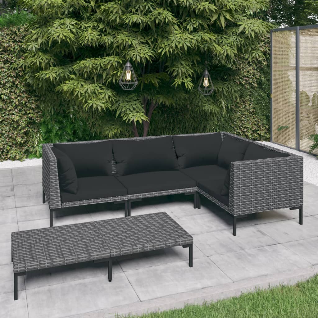 5 Piece Patio Lounge Set with Cushions Poly Rattan Dark Gray