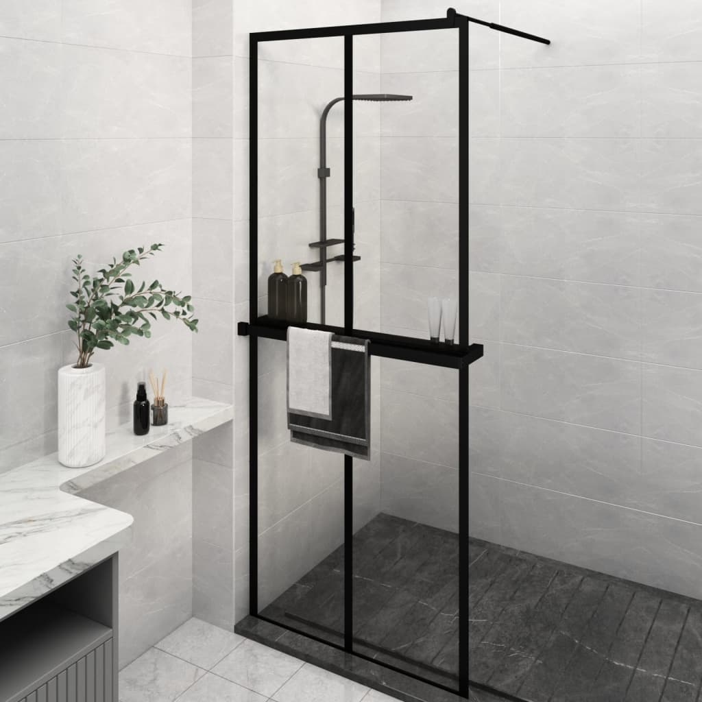 Walk-in Shower Wall with Shelf Black 31.5"x76.8" ESG Glass&Aluminum