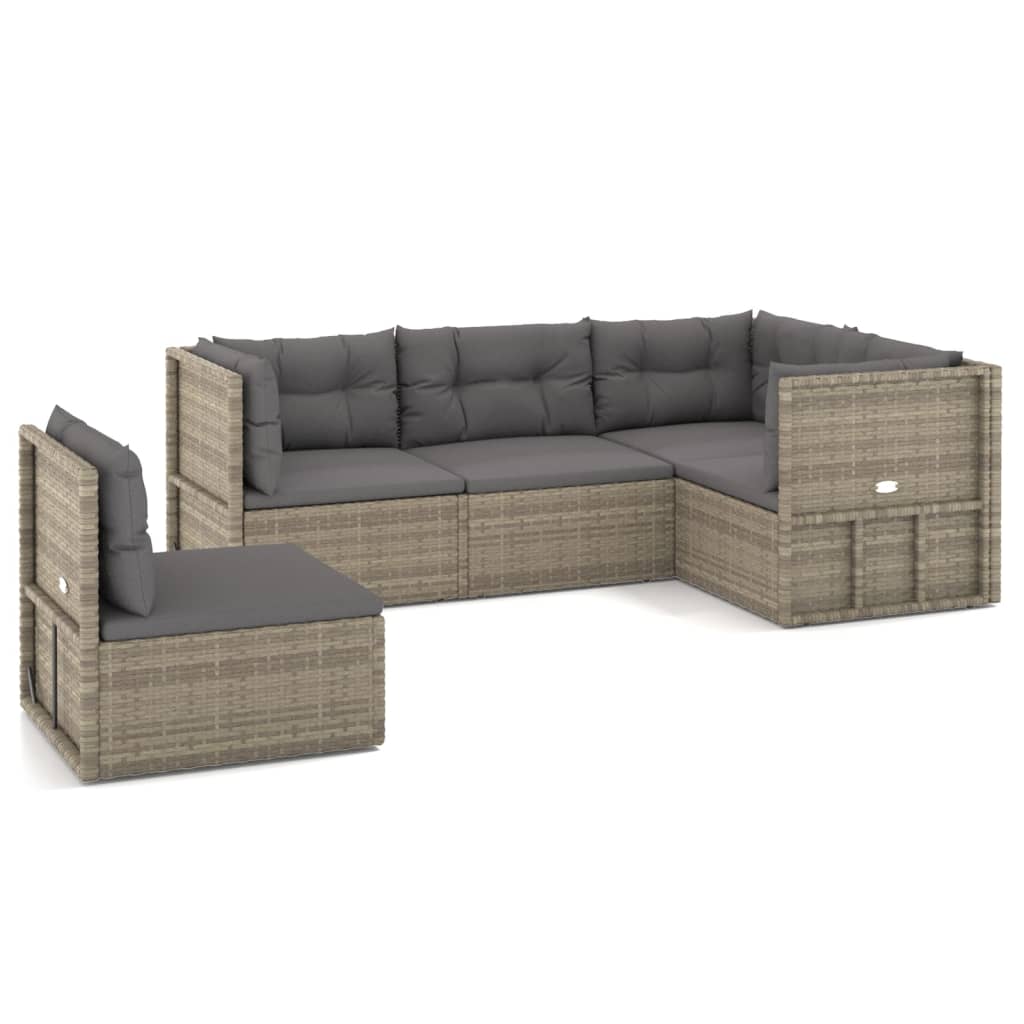 5 Piece Patio Lounge Set with Cushions Gray Poly Rattan