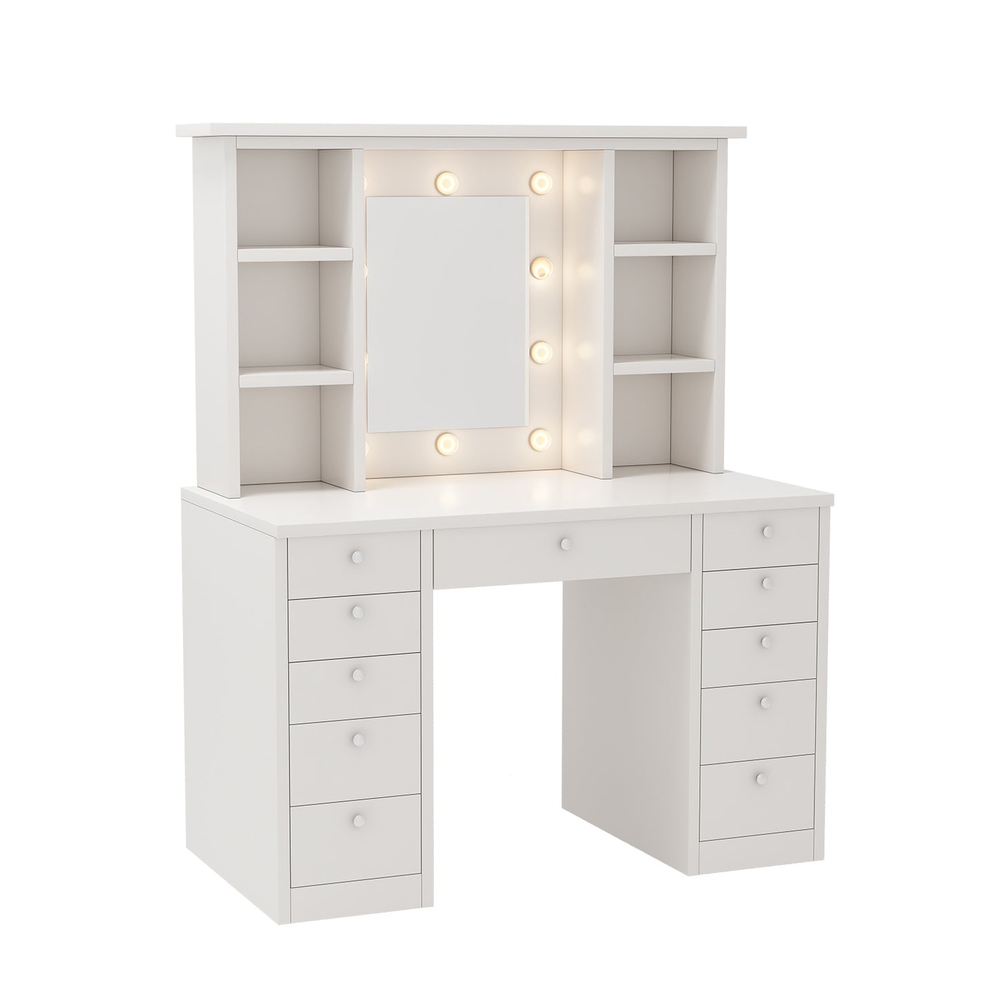 Vanity Desk with LED Lighted Mirror, Makeup Vanity with 11 Drawers, 3 Color Lighting Modes Brightness Adjustable, Hidden Wiring, Dressing Table for Bedroom, White