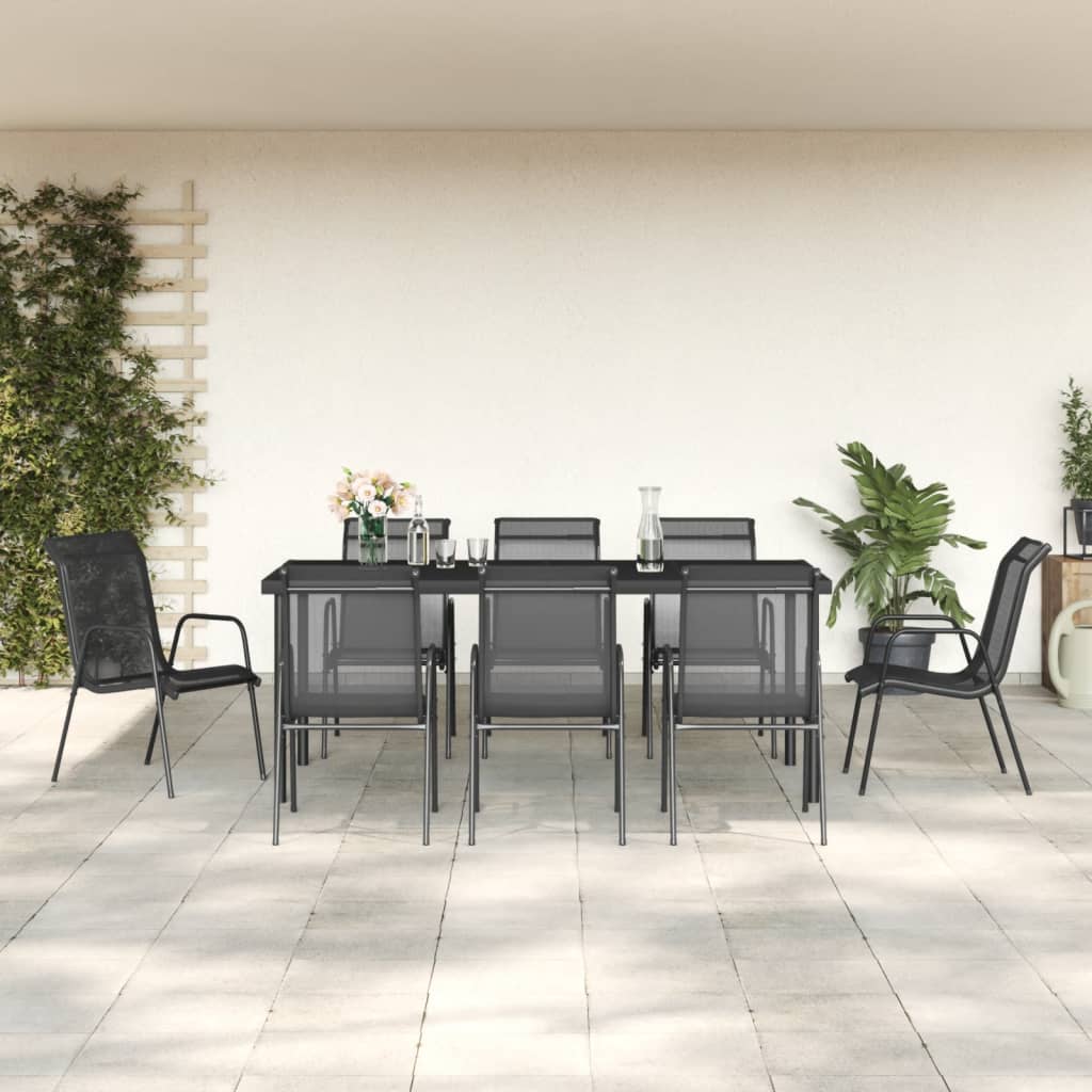 9 Piece Patio Dining Set Black Steel and Textilene